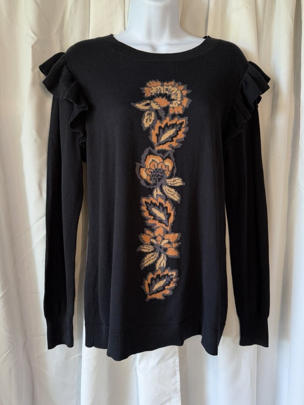 J Jason Wu Intarsia Floral Ruffle Sweater Black Medium M Retro Cottagecore